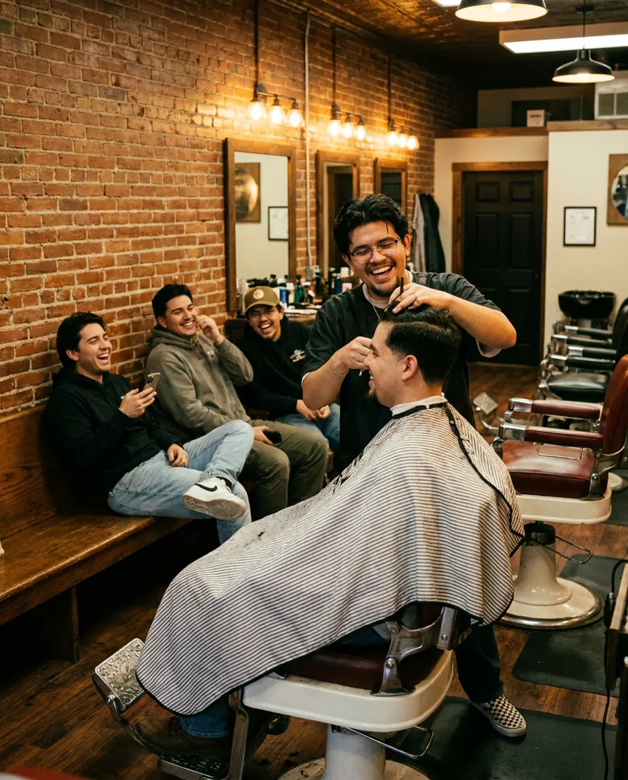 The crew hanging out at Q’s Barbershop, laughing