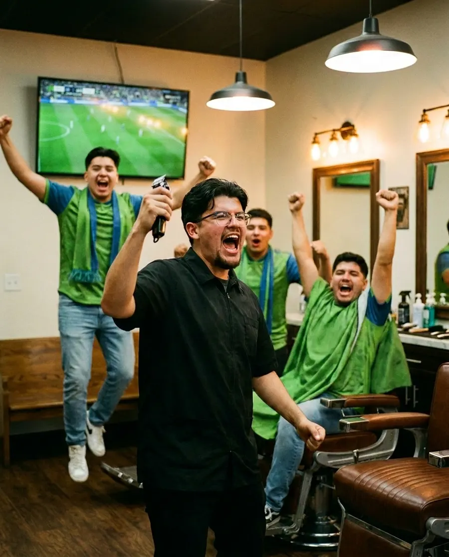 The whole shop on its feet celebrating a goal at Q’s Barbershop