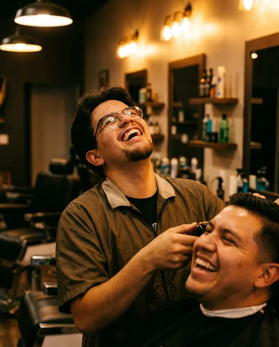 Sammy laughing with a client mid-cut