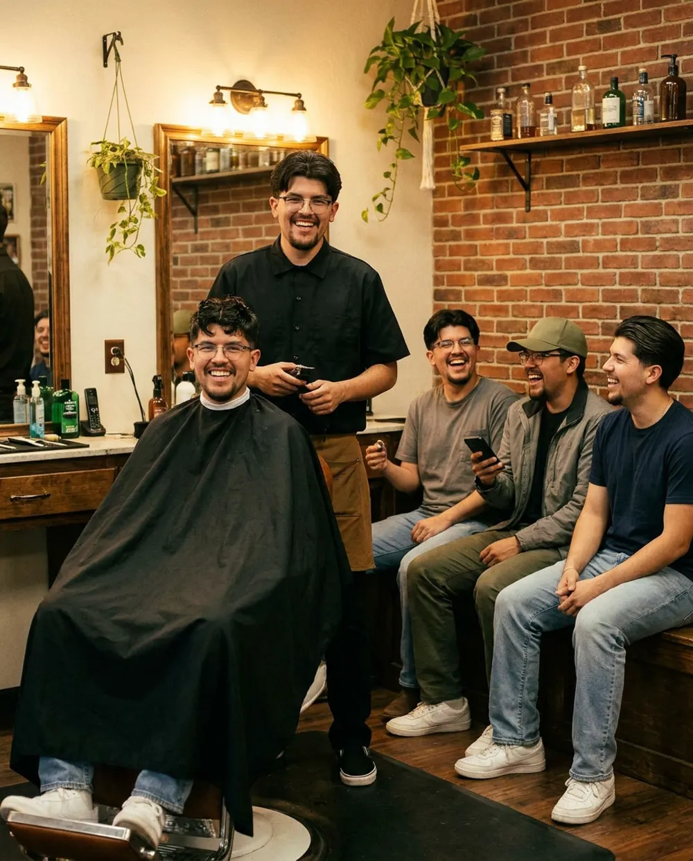 A barbershop full of people who all have Sammy’s face — the same man five times over
